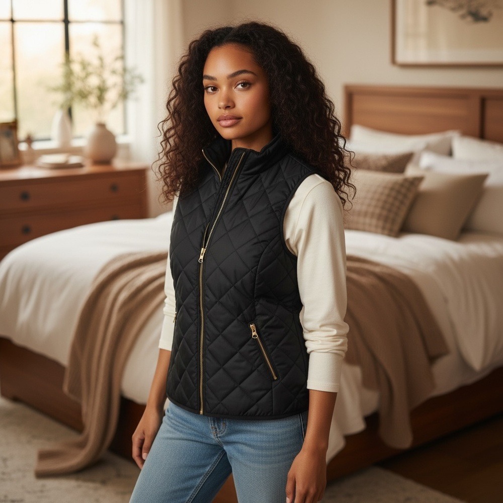Old‎ Navy Black Quilted Vest with Gold Zipper and High Collar